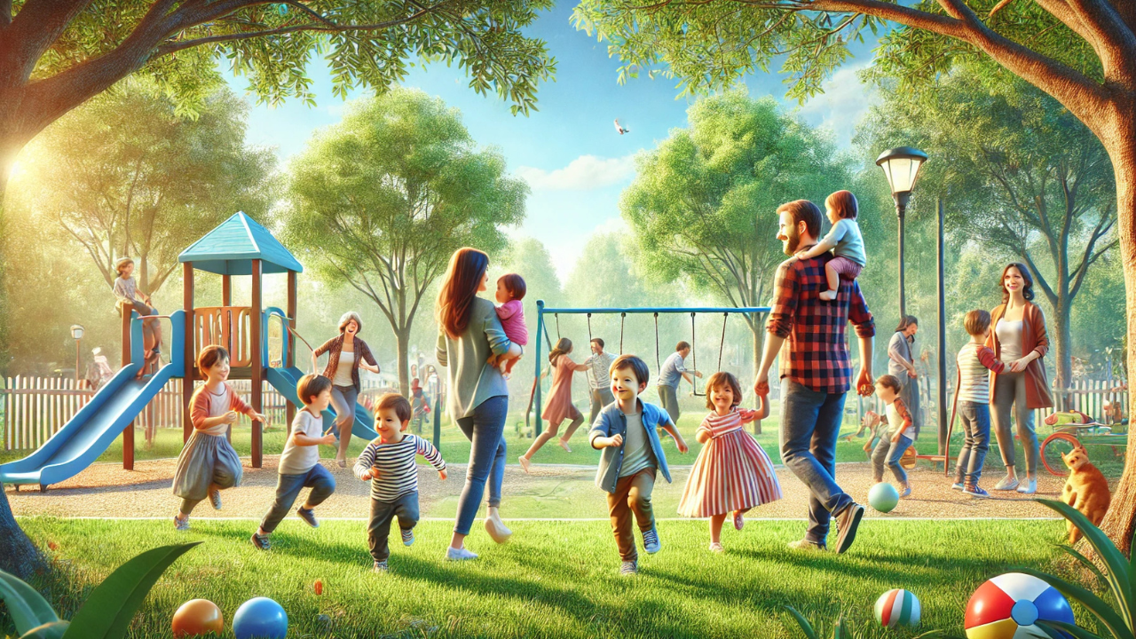 家族が公園で遊んでいる姿
