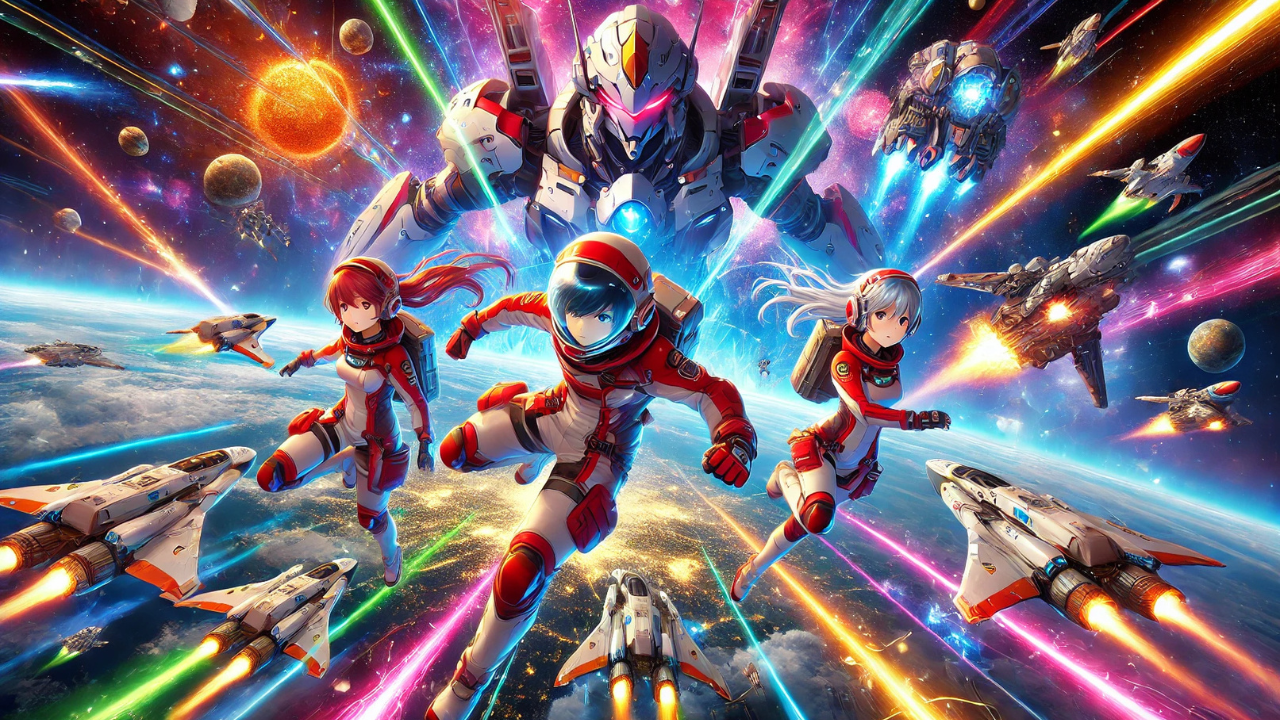 宇宙服を着た人間とロボットのイラスト