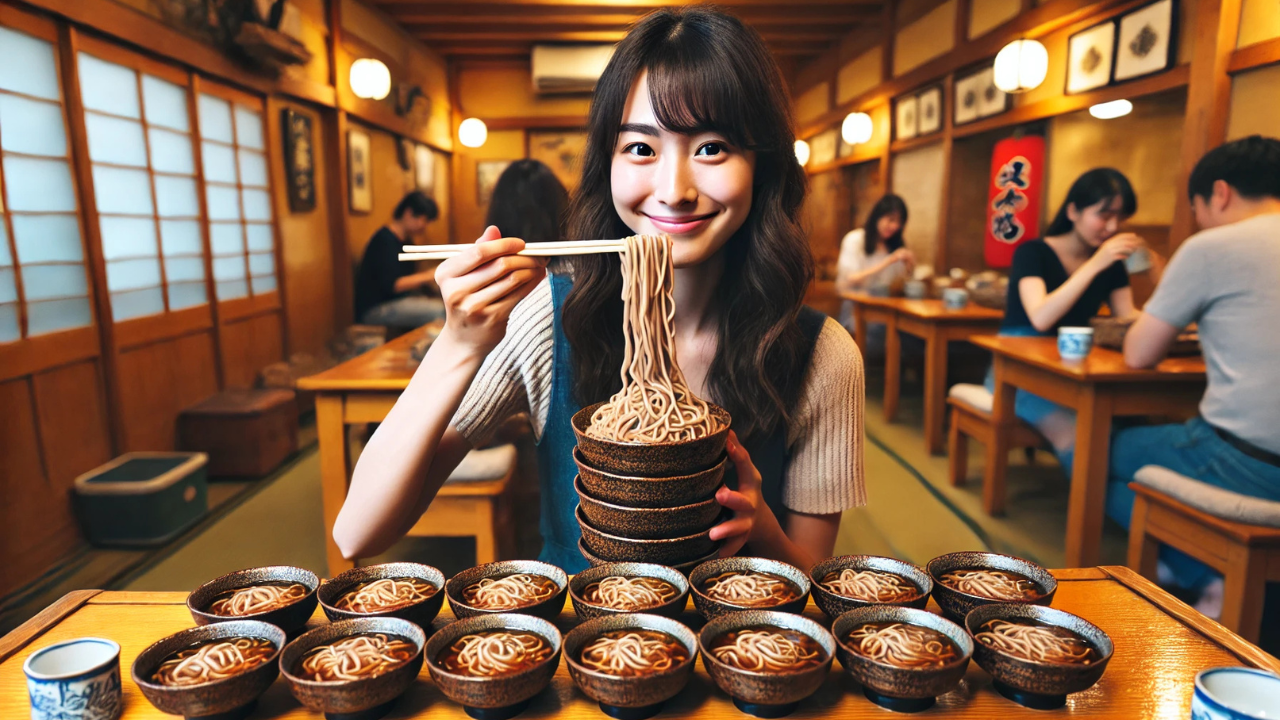 20代の女性がわんこそばを食べる画像