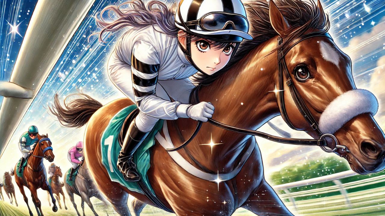 女性競馬騎手が馬に乗っている画像