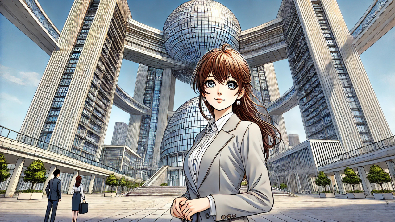 かっこいい会社の下で社員がいる画像