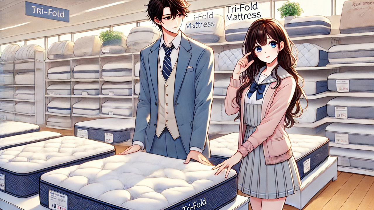 お店で三つ折りマットレスを見ているお客さん