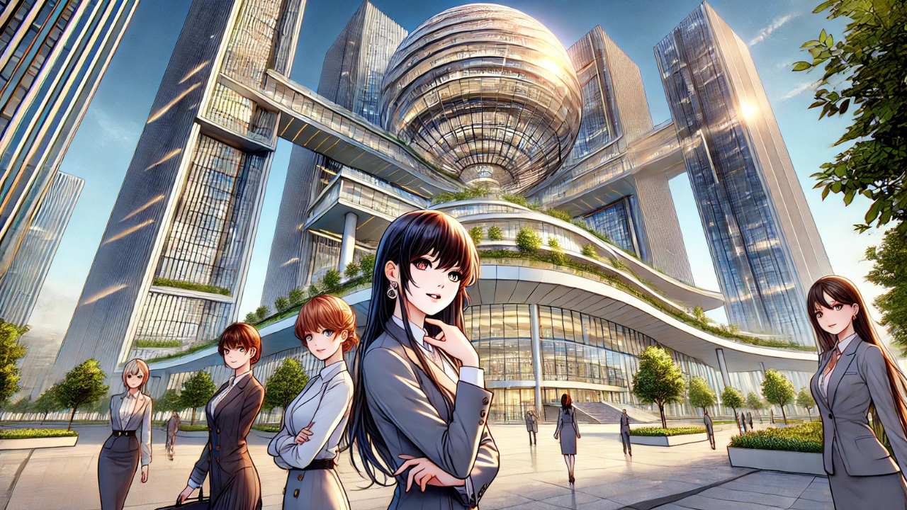 かっこいい会社の下で社員がいる画像