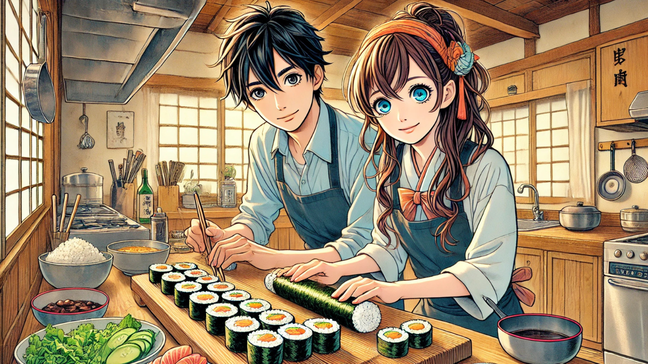 恵方巻きを女性が作っている画像