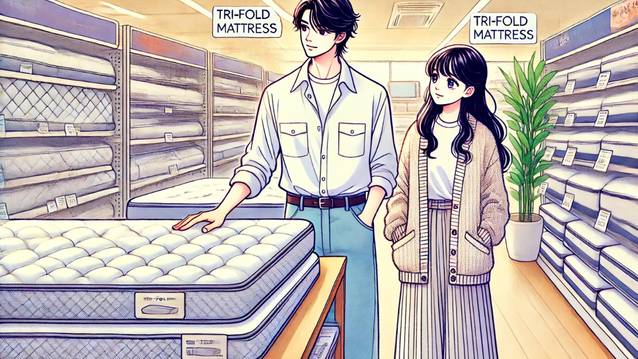 お店で三つ折りマットレスを見ているお客さん