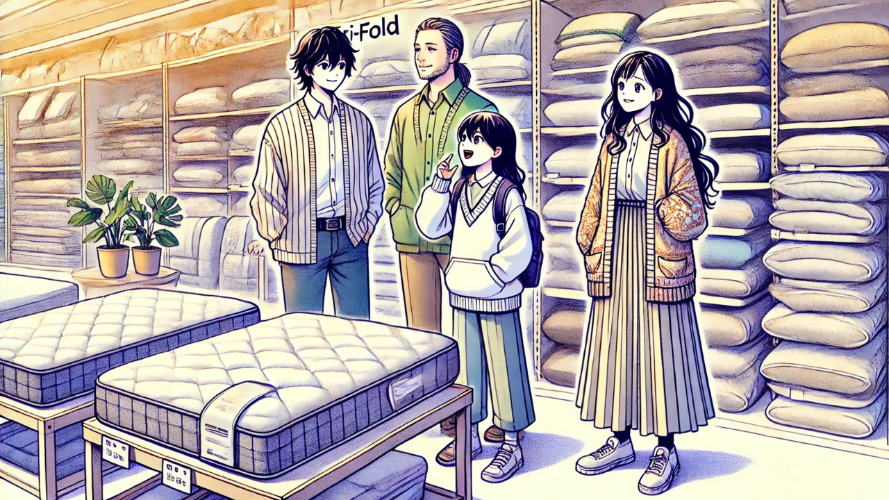 お店で三つ折りマットレスを見ているお客さん