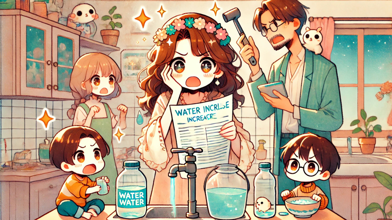 水道料金値上げで憤慨する主婦。家族みんなで節水をする姿