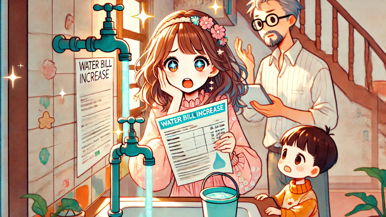水道料金値上げで憤慨する主婦。家族みんなで節水をする姿