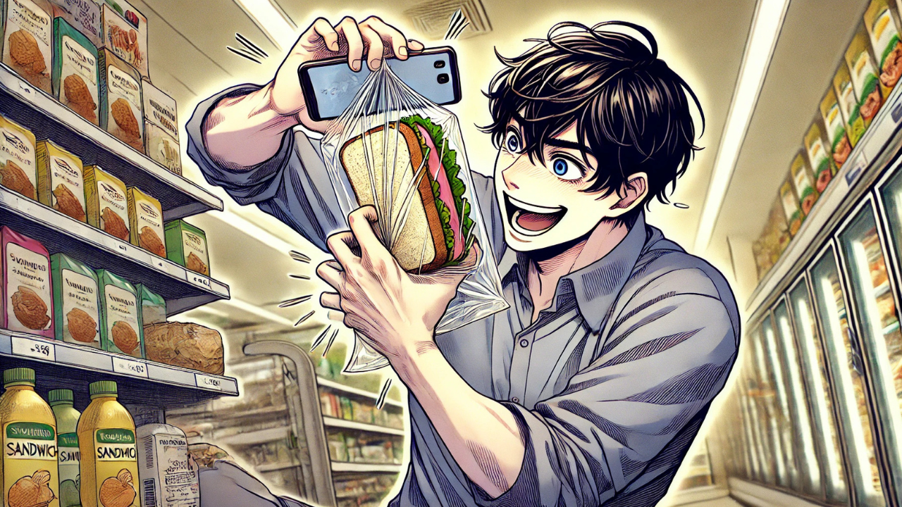 20代男性がコンビニで商品の袋入りおにぎりを握りつぶす。それを動画で撮影