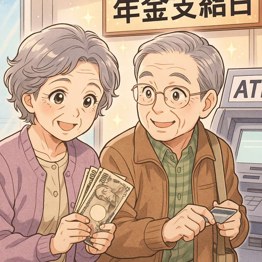 老夫婦が年金支給日に銀行のATMの前で現金を引き出しているイラスト画像