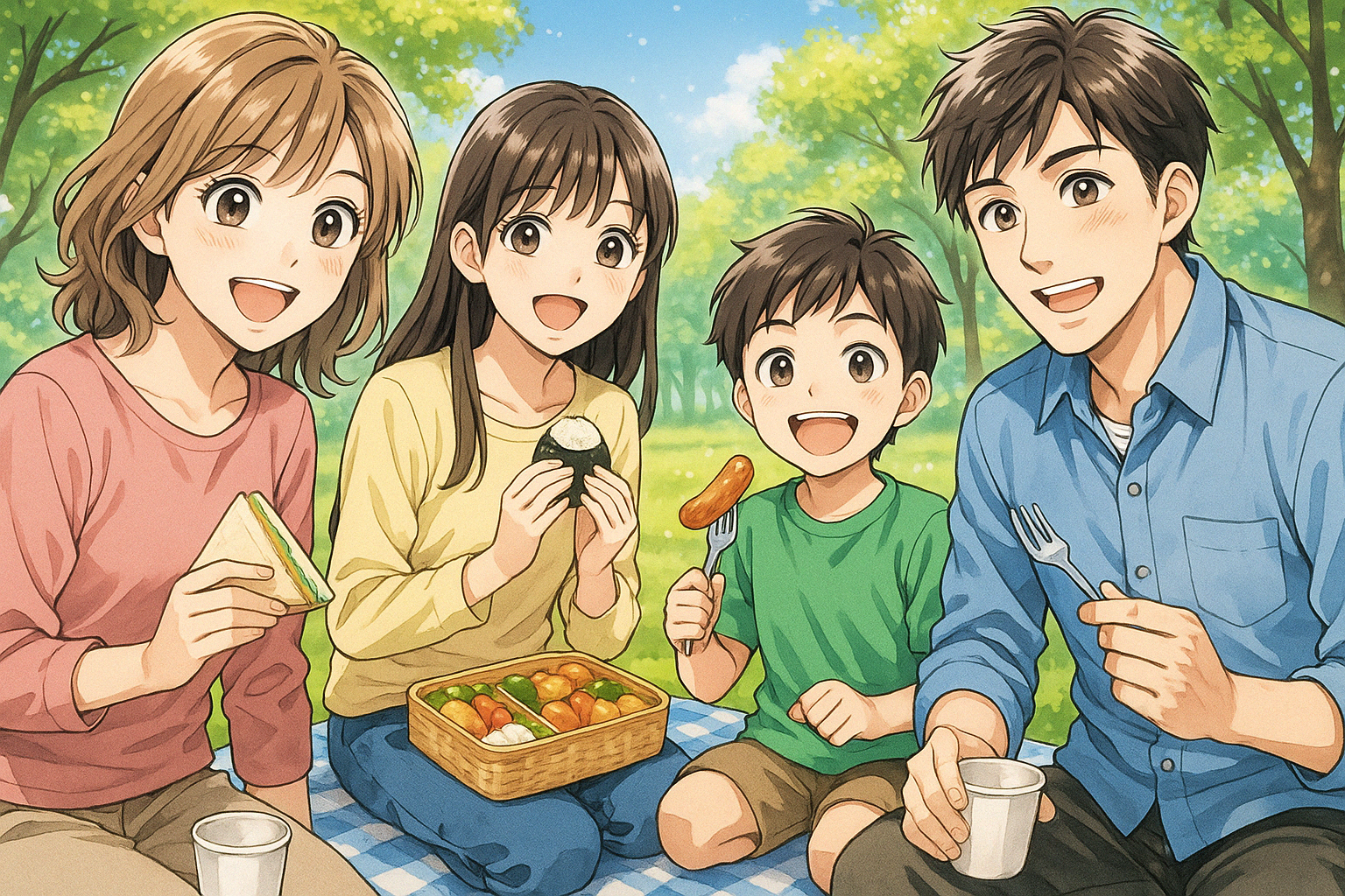 公園で食事をする4人家族