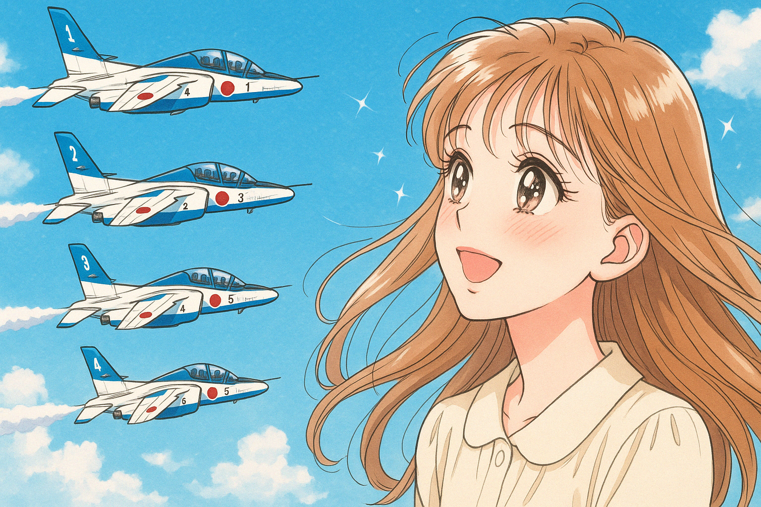 ブルーインパルスが華麗に飛んでいる姿をイラスト画像