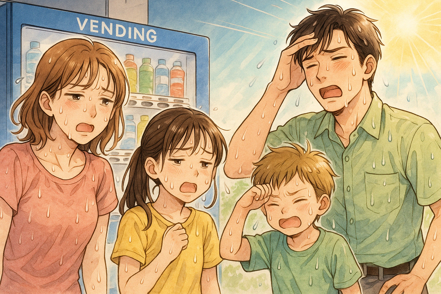 外に自動販売機の前で熱中症で汗だくになる４人家族