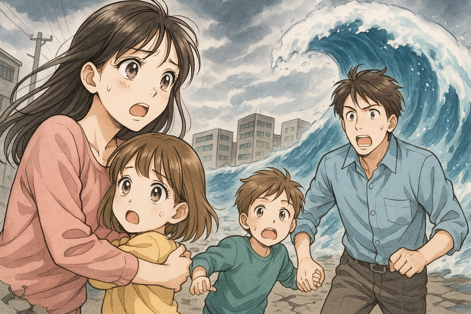 地震で津波に合う４人家族。危険を感じて避難する。イラスト