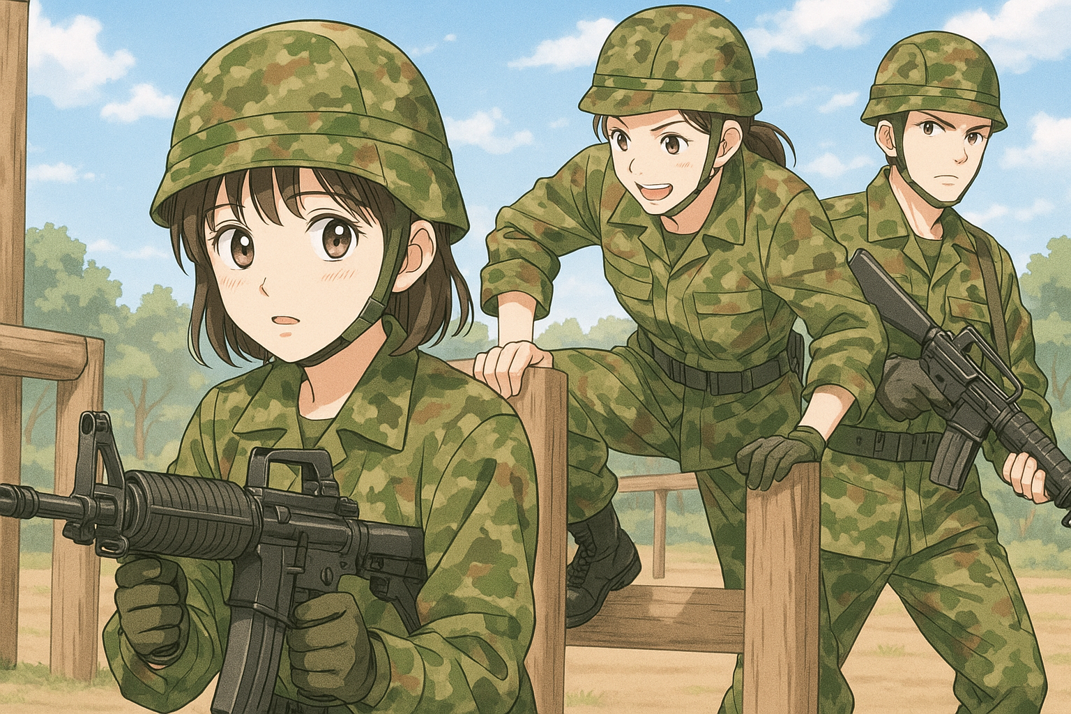 自衛隊、男女3名が訓練場で訓練している姿をイラスト画像