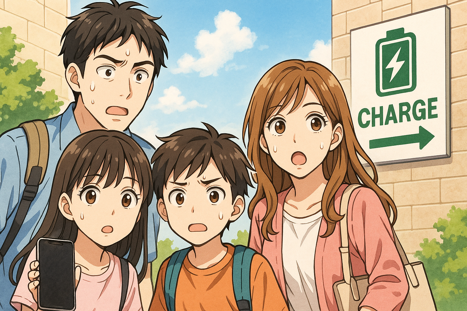 遊びに行っている4人家族。途中で携帯電話の充電が切れて、充電スポットを探している。イラスト画像