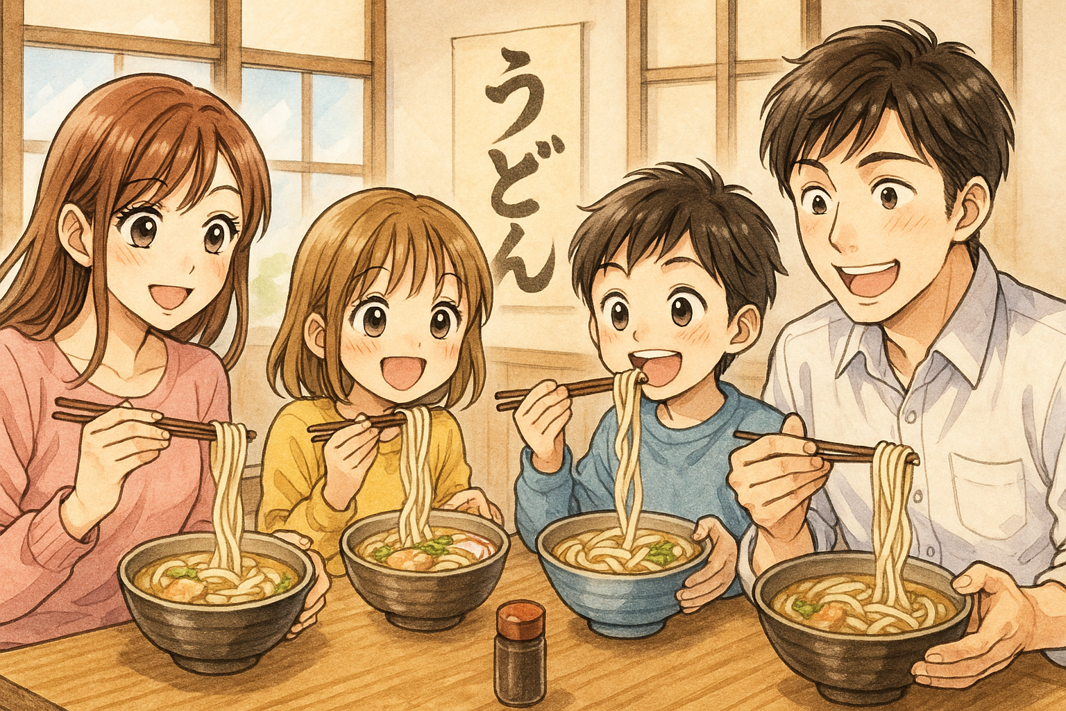 家族4人でうどん屋さんでうどんを食べているところ