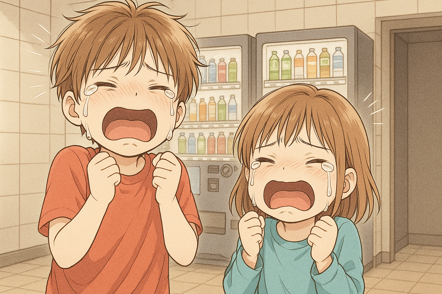 ーマパークで迷子になる6歳の兄弟。泣き出しているイラスト画像