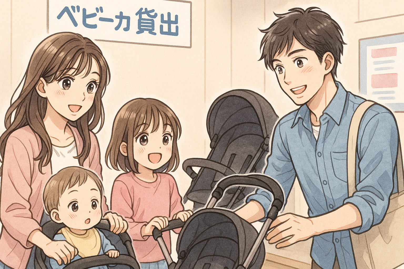 ベビーカーの貸し出し場所で借りる4人家族