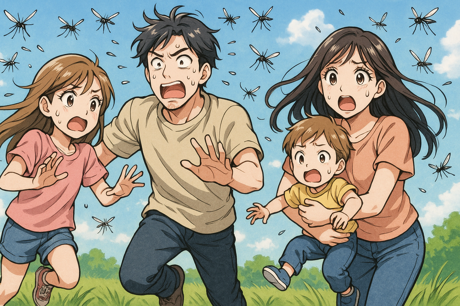 家族4人で芝生で遊んでいるところ、蚊が多くて逃げている。