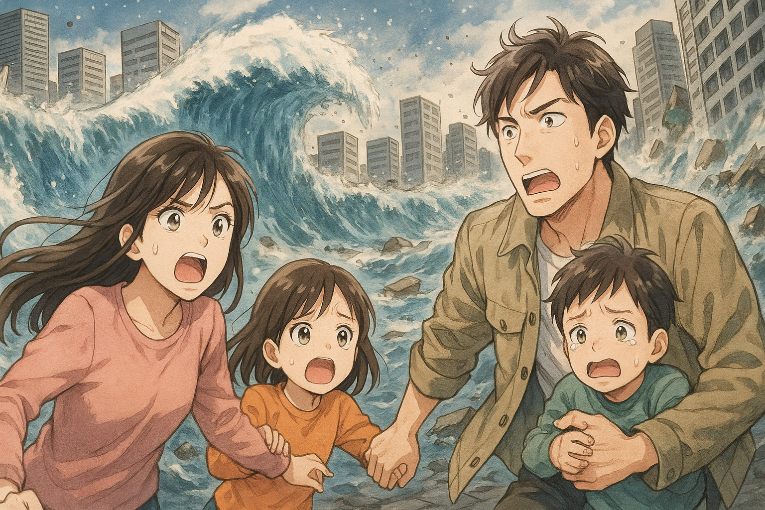 地震で大津波がきて、都市を飲み込む。4人家族が逃げる姿