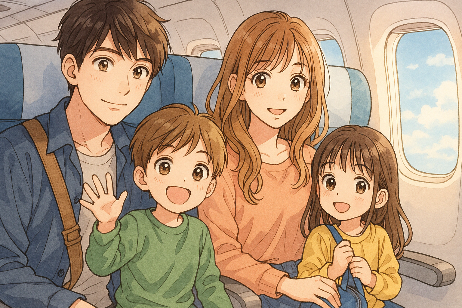 家族4人で飛行機に乗って旅行に行く。イラスト画像