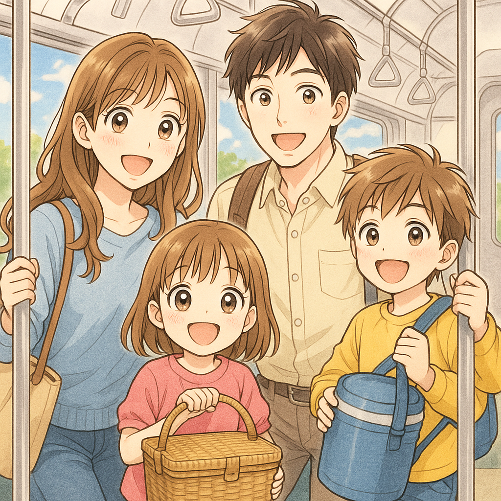 ピクニックに行く4人家族。みんな笑顔で電車に乗る。イラスト画像を少女漫画風に。