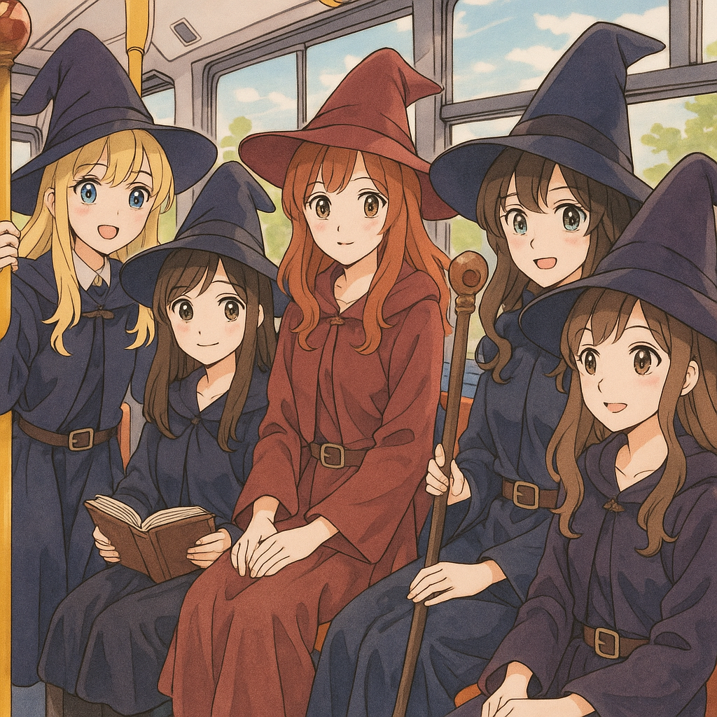 魔法使いのコスプレをする女性5人。みんなバスに乗る。イラスト画像