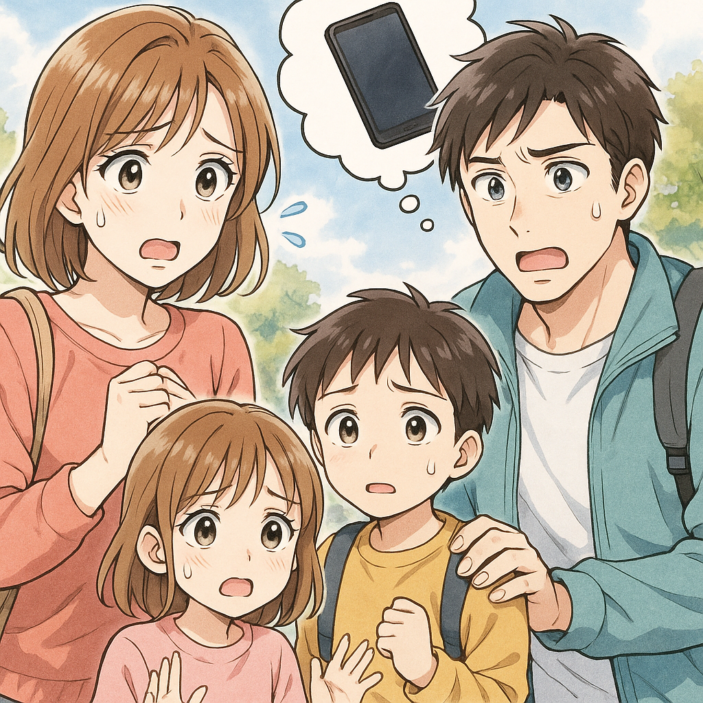 4人家族で遊びに行って、スマホを紛失して困っている。イラスト画像