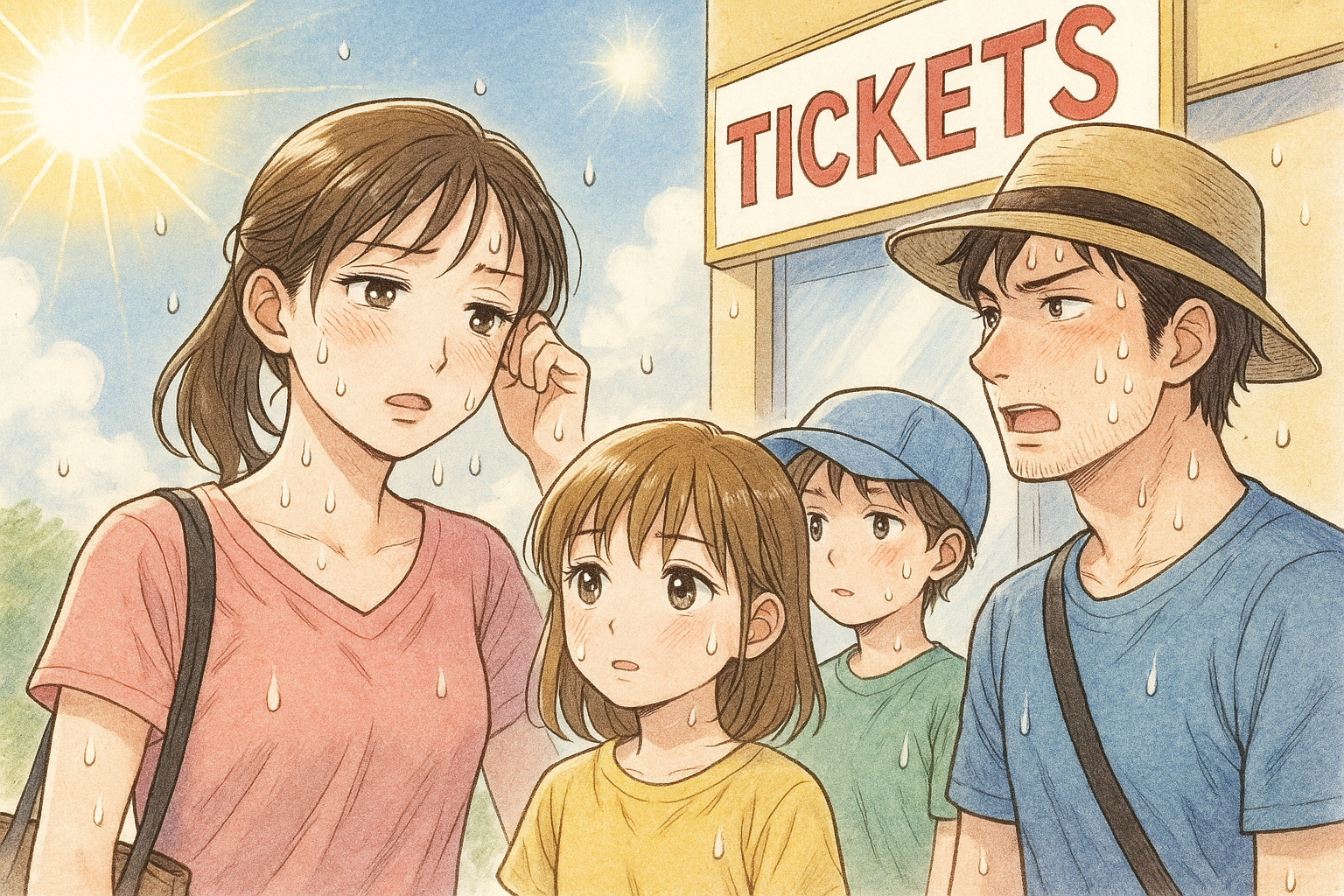 チケット購入で並ぶ4人家族。日差しが強く、汗をかいている。イラスト画像