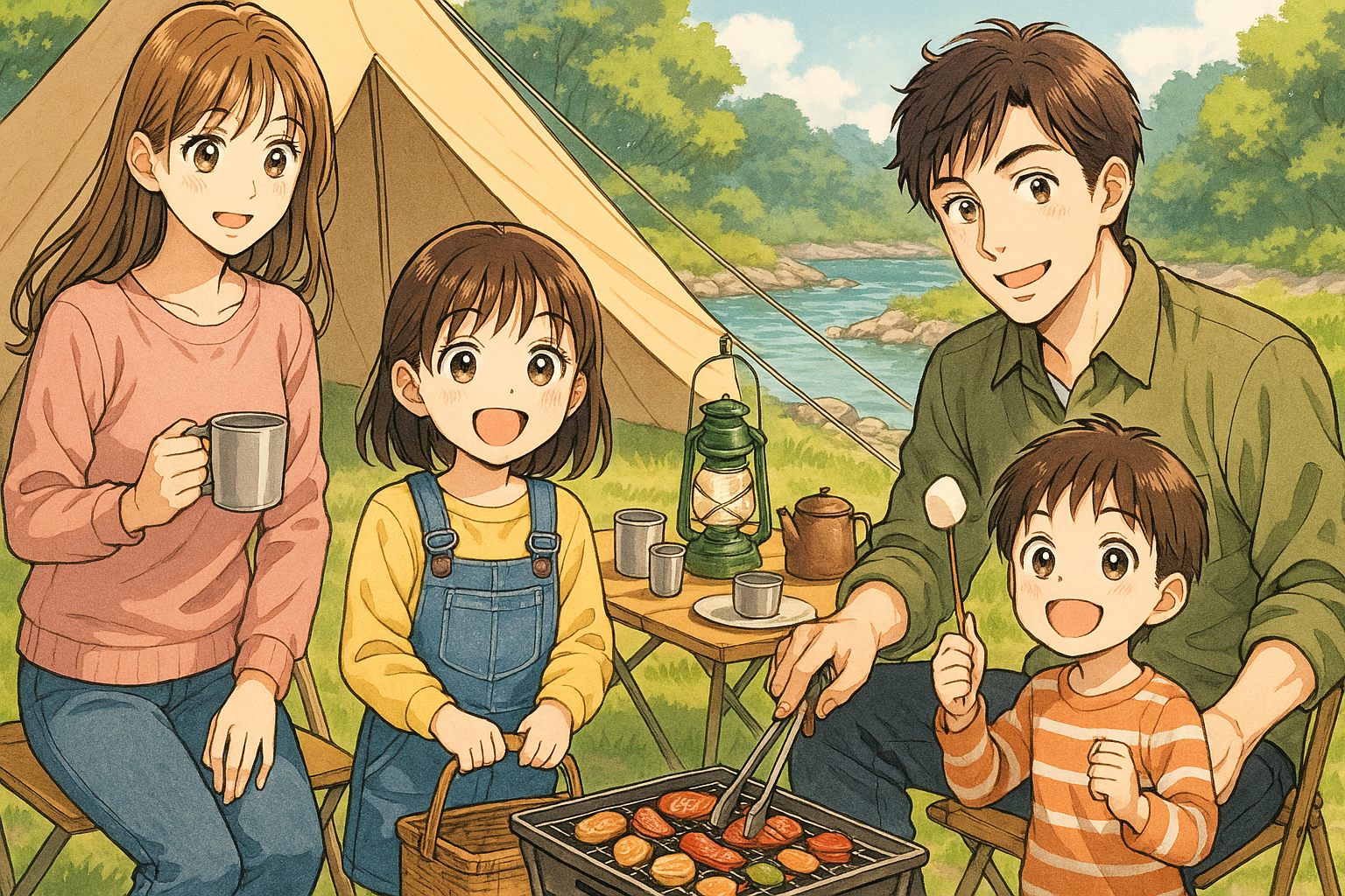 家族4人でキャンプに行く画像をイラスト画像