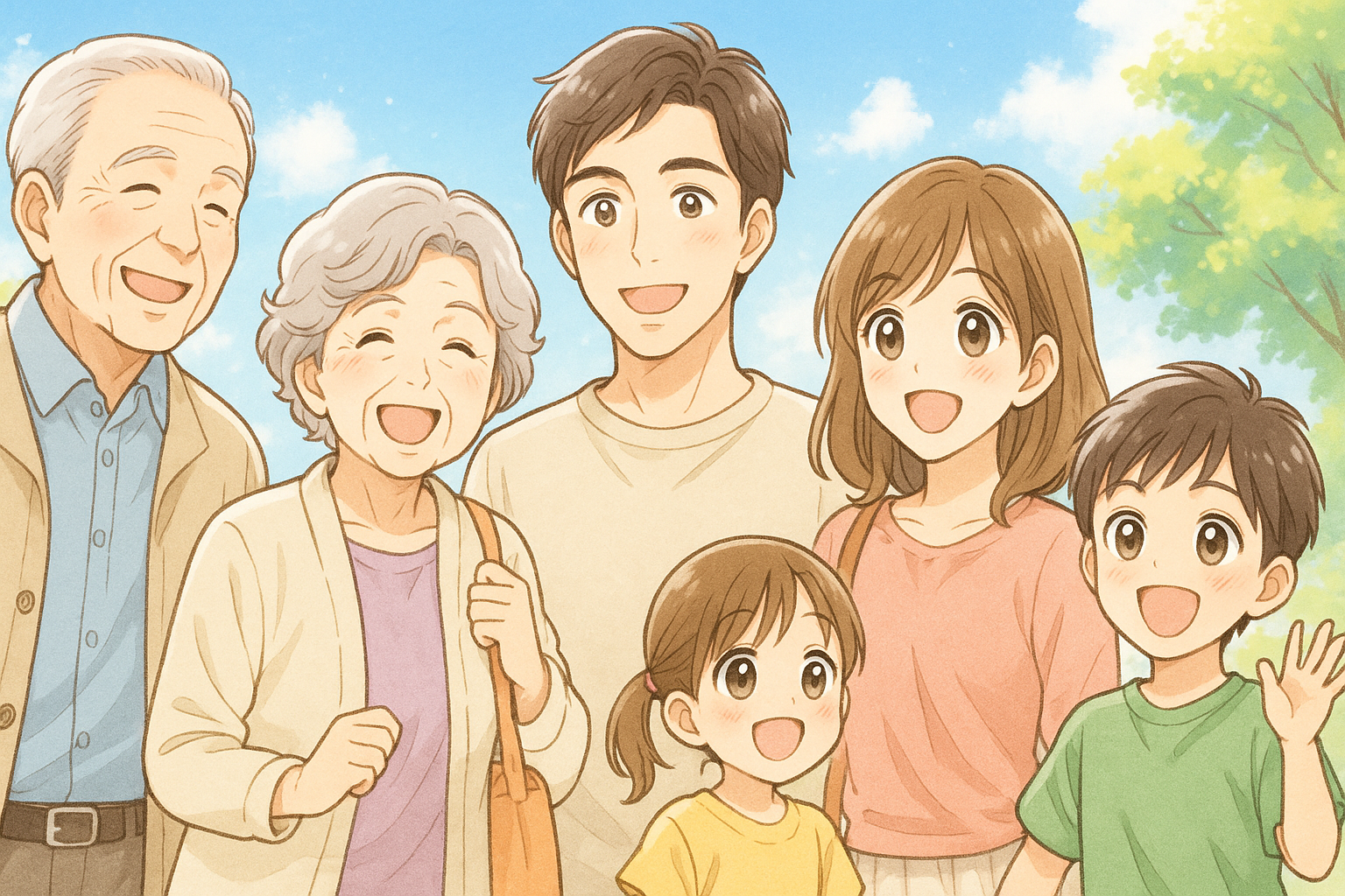 来場者が50歳以上が大半。おじいさん、おばあちゃん、夫婦、子供のイラスト画