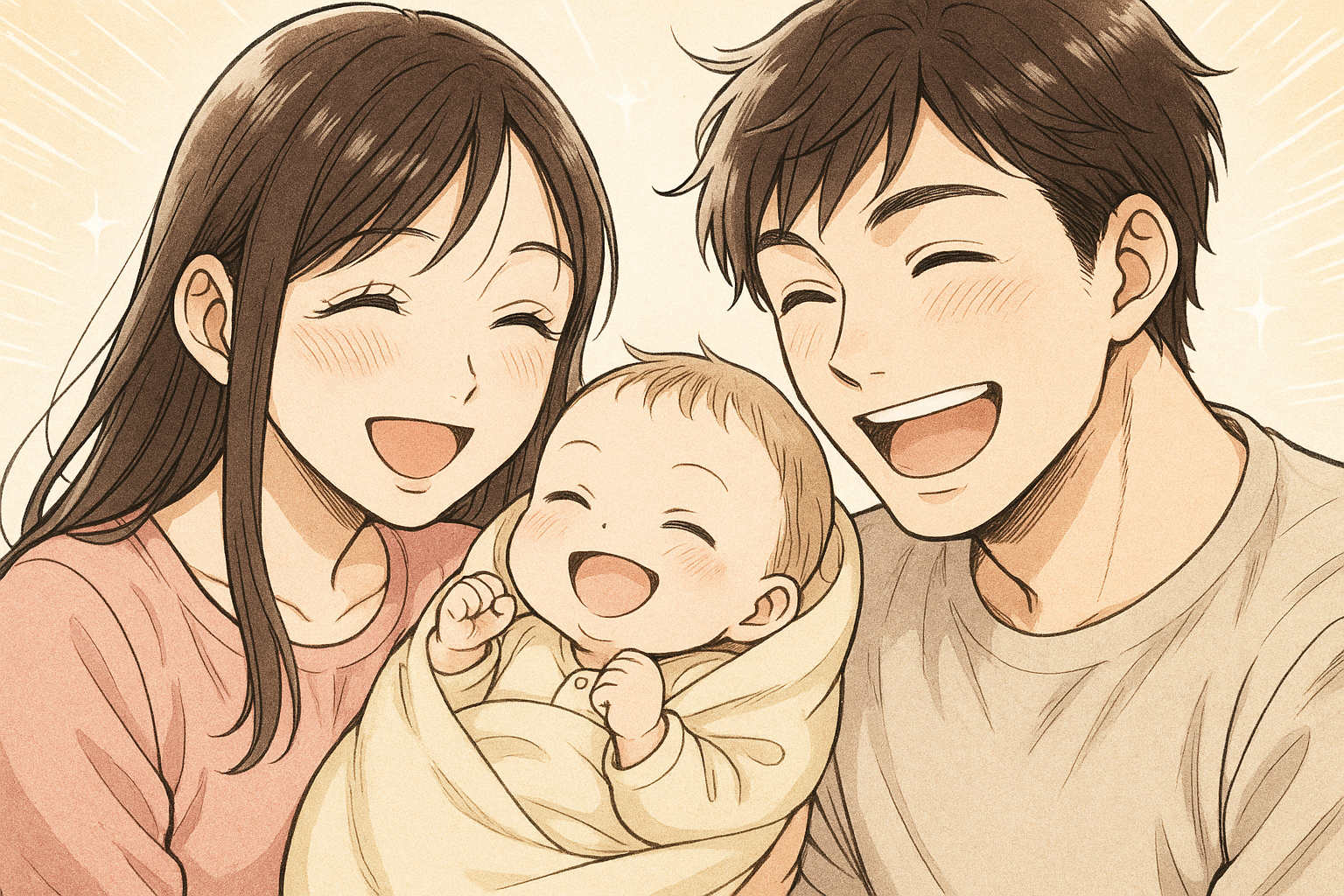 生まれたての赤ちゃんを抱いている夫婦。