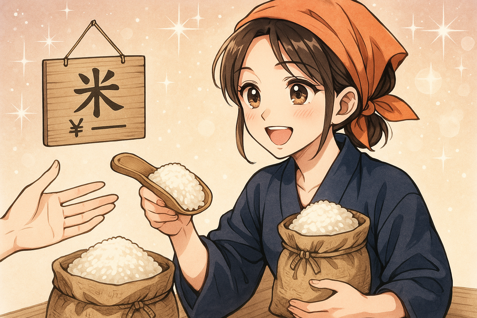 お米の売買をしている商人。イラスト画像