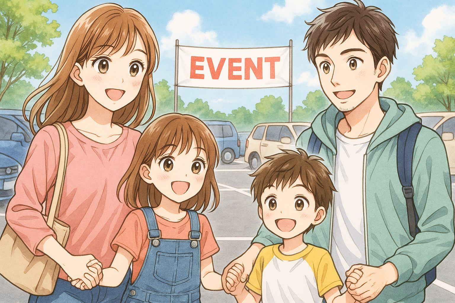 イベントの駐車場を利用する4人家族。イラスト画像