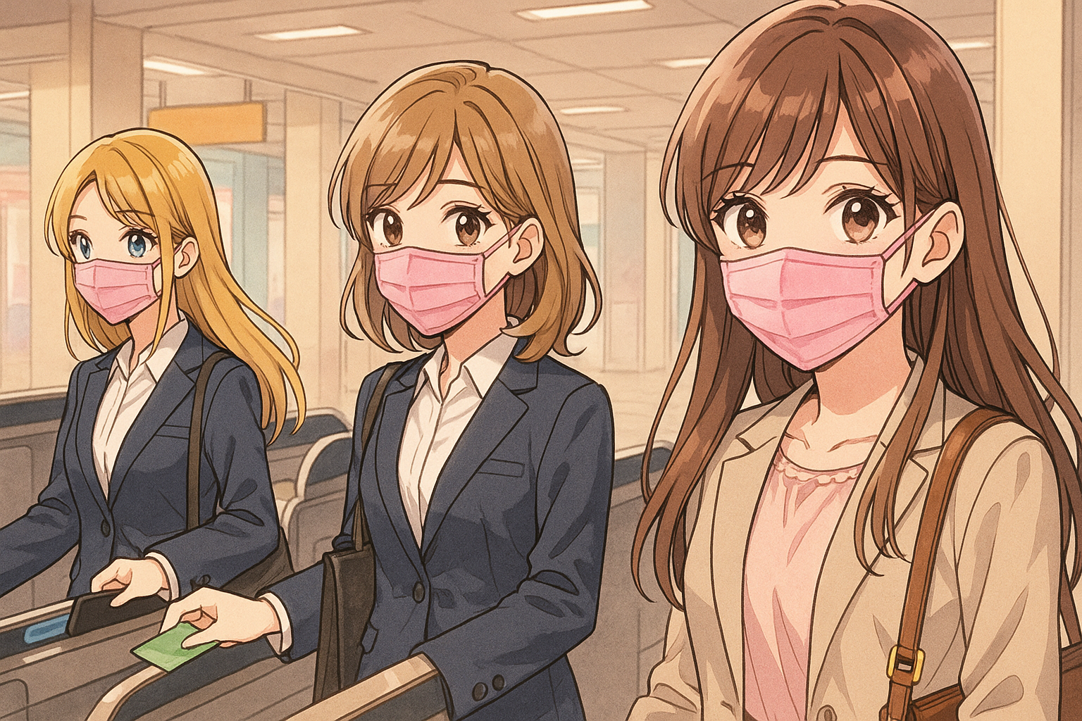 ピンクのマスクをして出勤するOL達。背景は改札口。イラスト画像