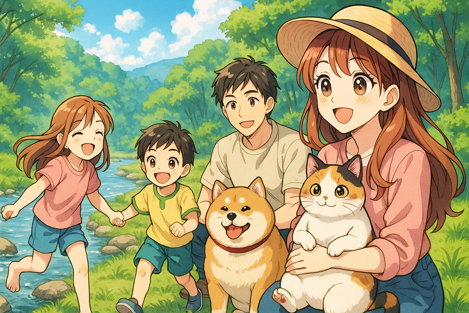 4人家族が川辺でキャンプをしている画像