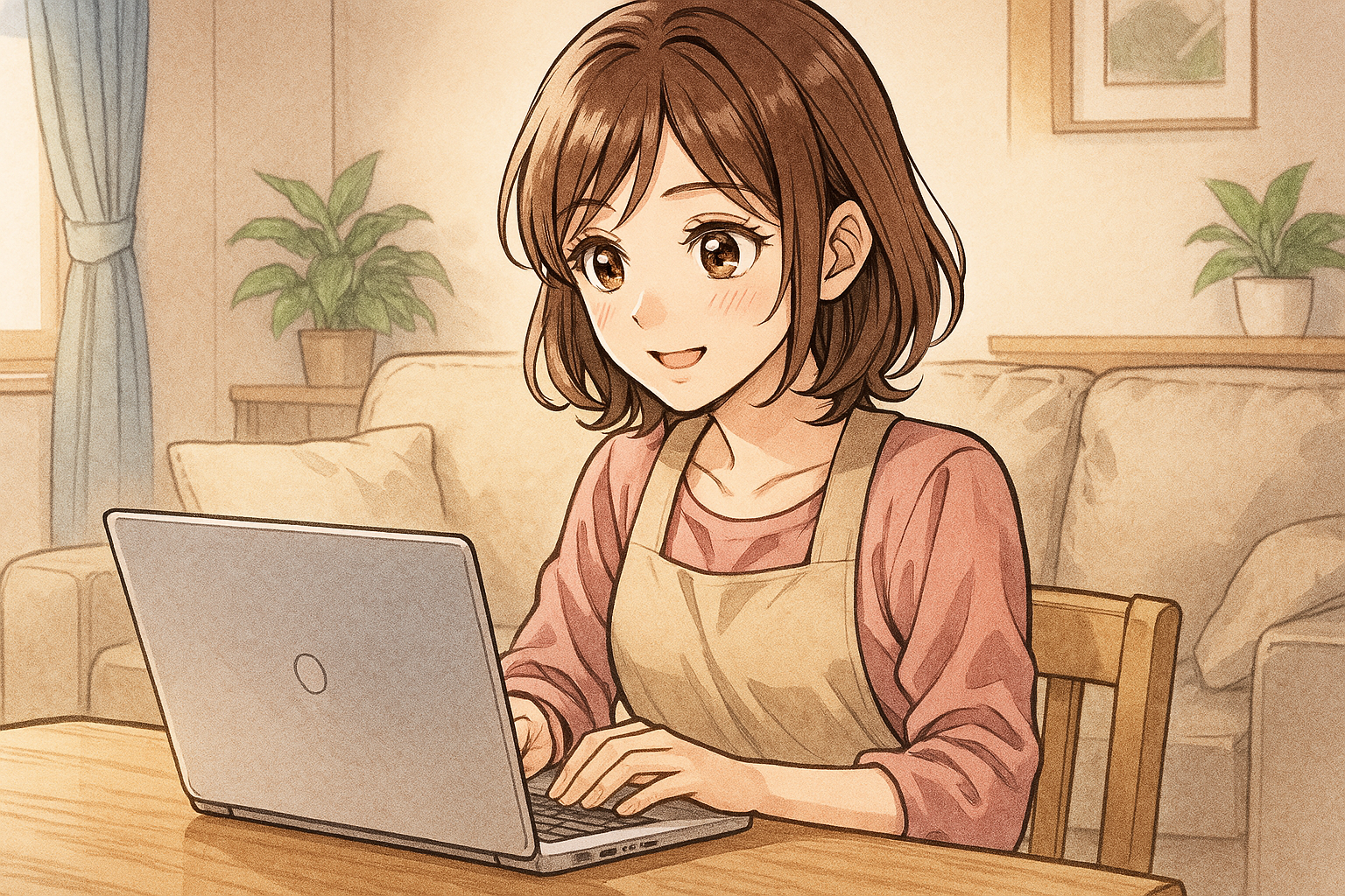 主婦がノートパソコンを使って副業をしているイラスト画像