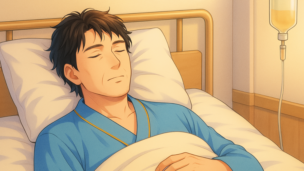病院に入院している40代男性。病室で寝ているイラスト画像