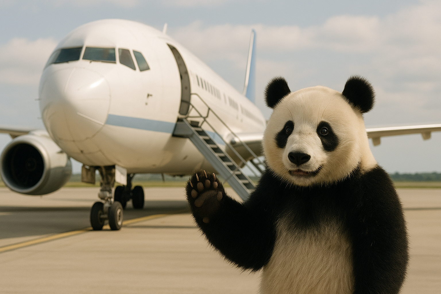 パンダが手を振って飛行機に乗る