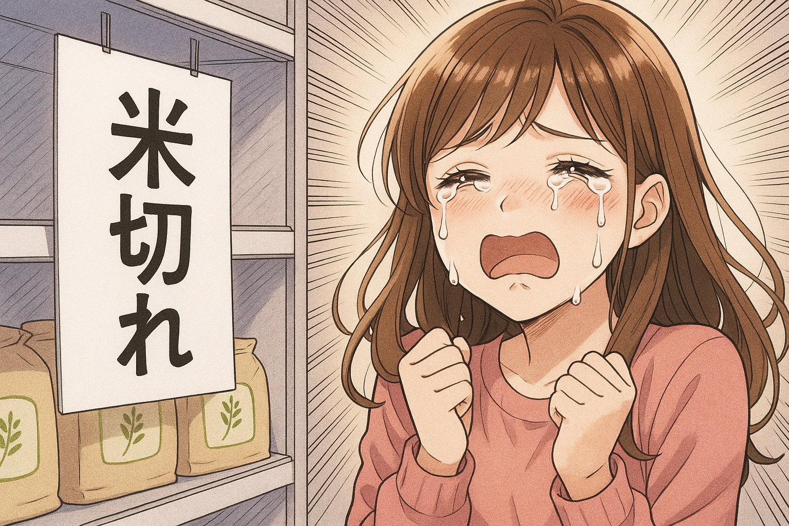 お米が買えなくて泣いている国民。イラスト画像