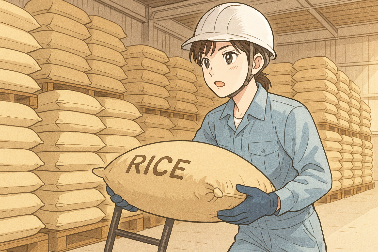 お米の倉庫に在庫がたくさん積まれている。それを出荷する作業員。