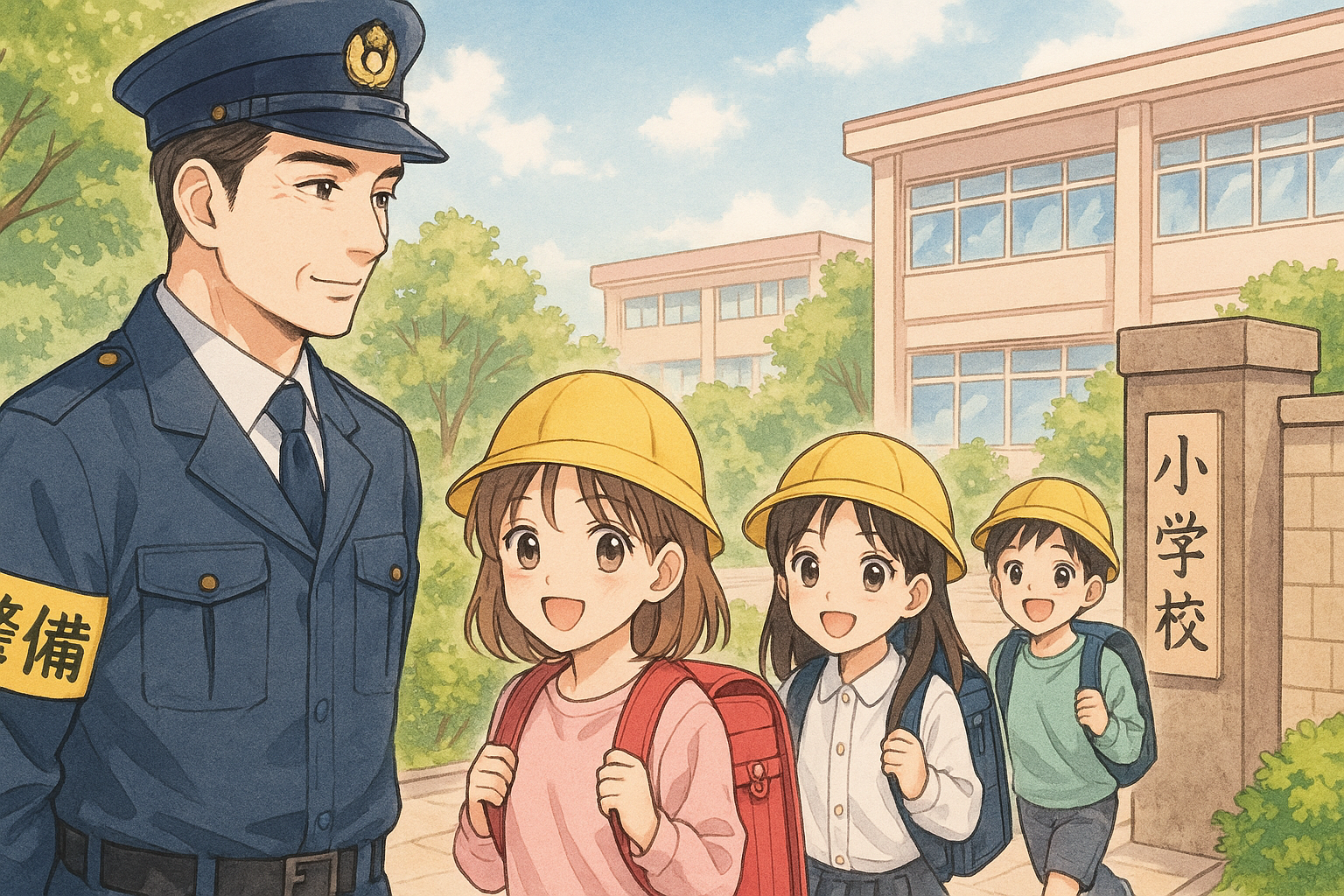 小学校を警備する。小学生が登校するところを警備している。