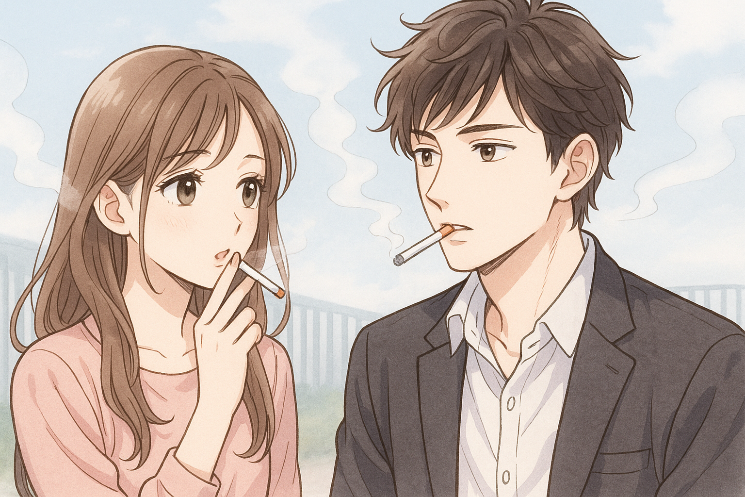 会場の外で喫煙している男女