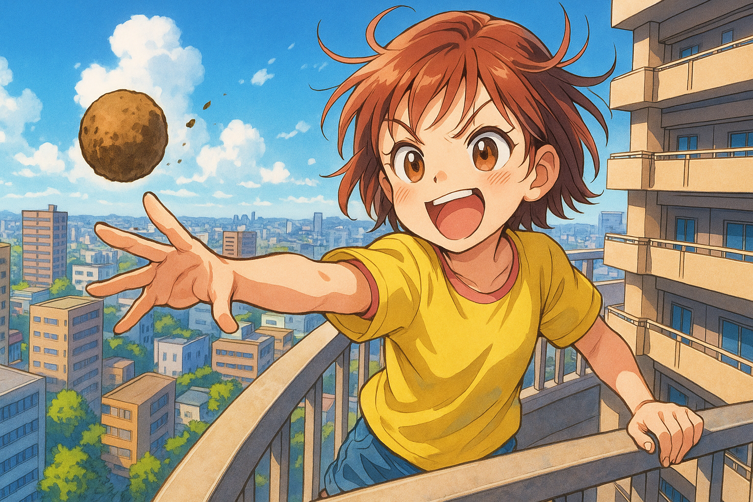 マンションから泥団子を投げる子供