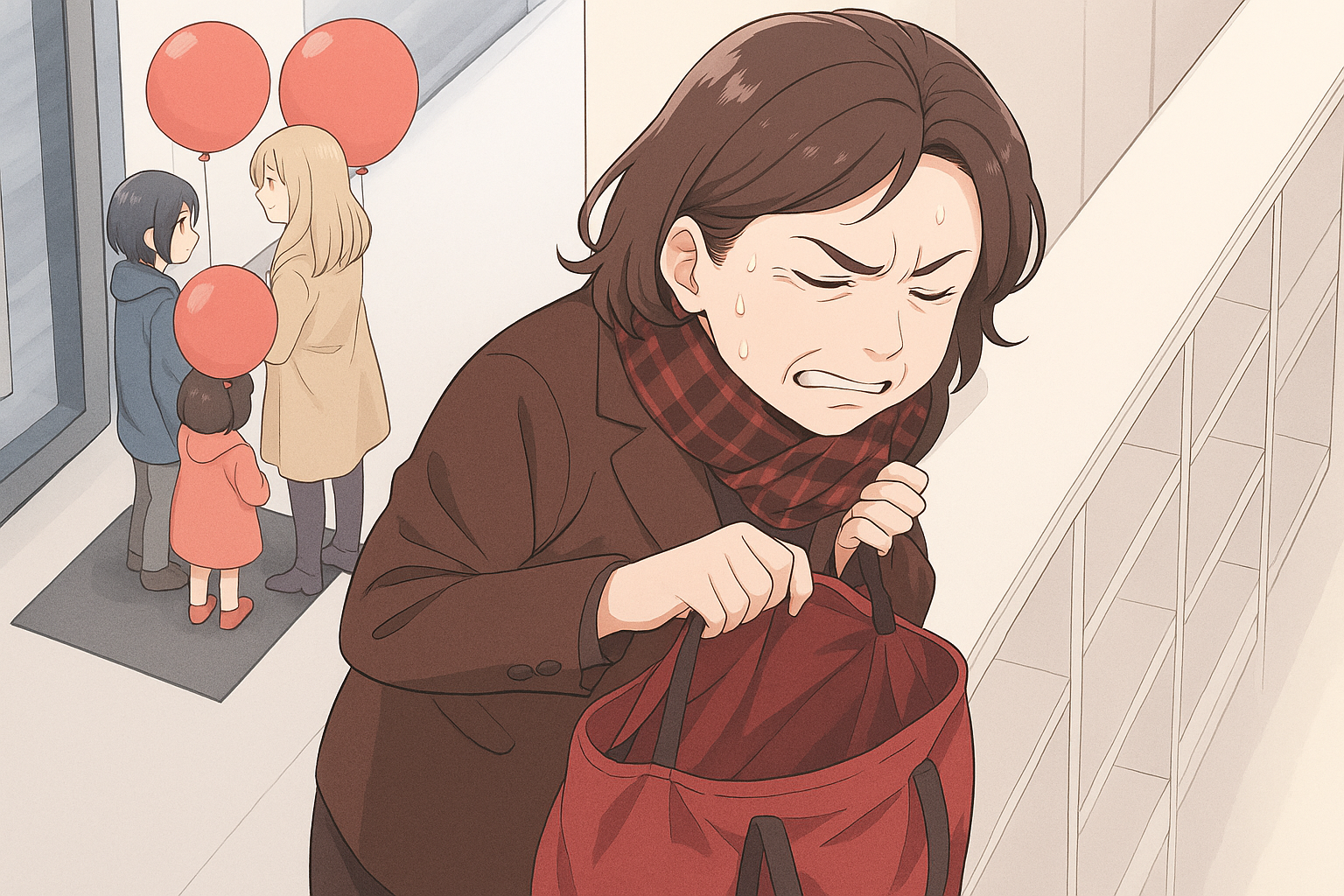 中年女性が人形を万引きする。イラスト画像