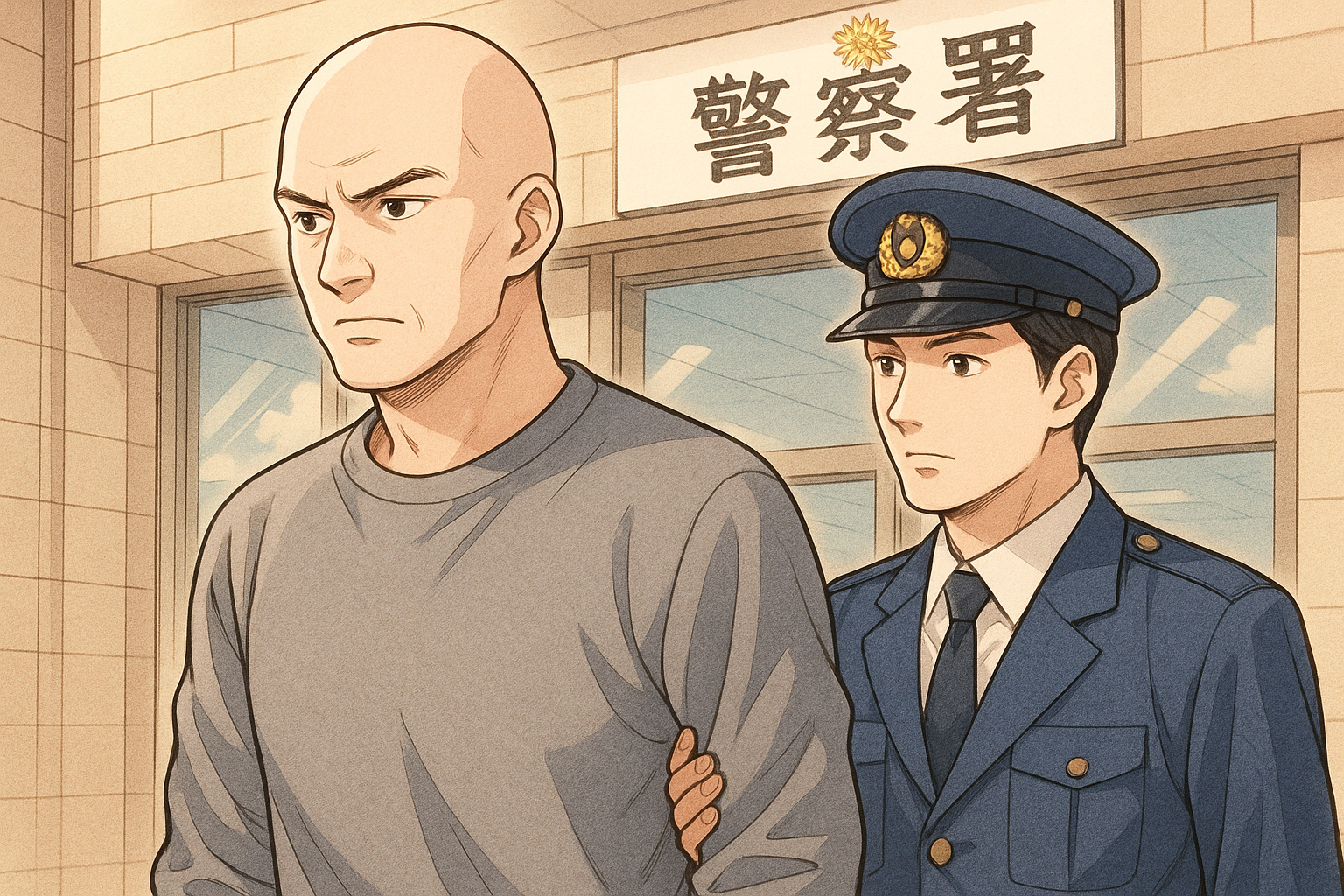 警察に出頭するスキンヘッドの男