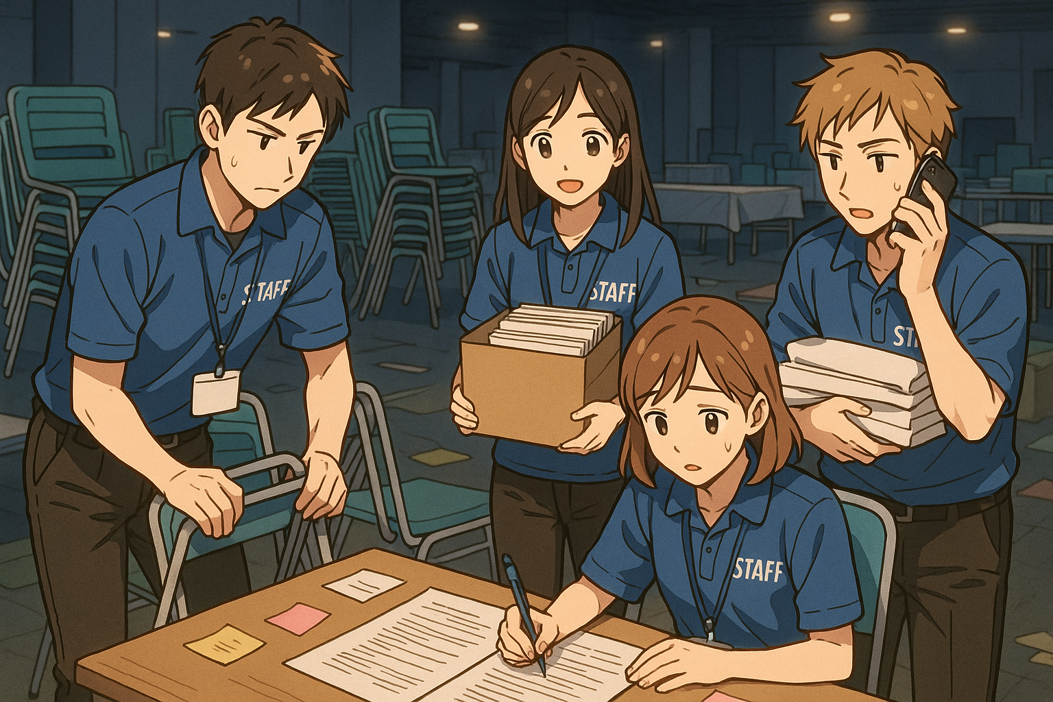 男女4人のスタッフの残業。イラスト画像