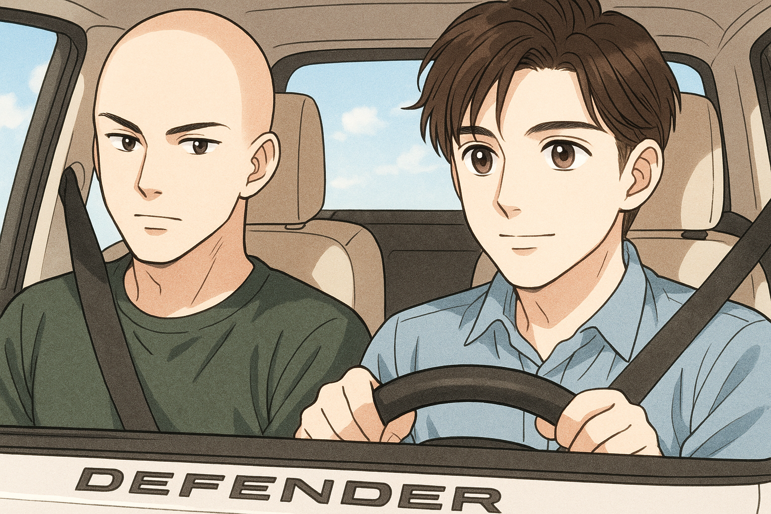 ランドローバーのディフェンダーの車を運転する男性2人。