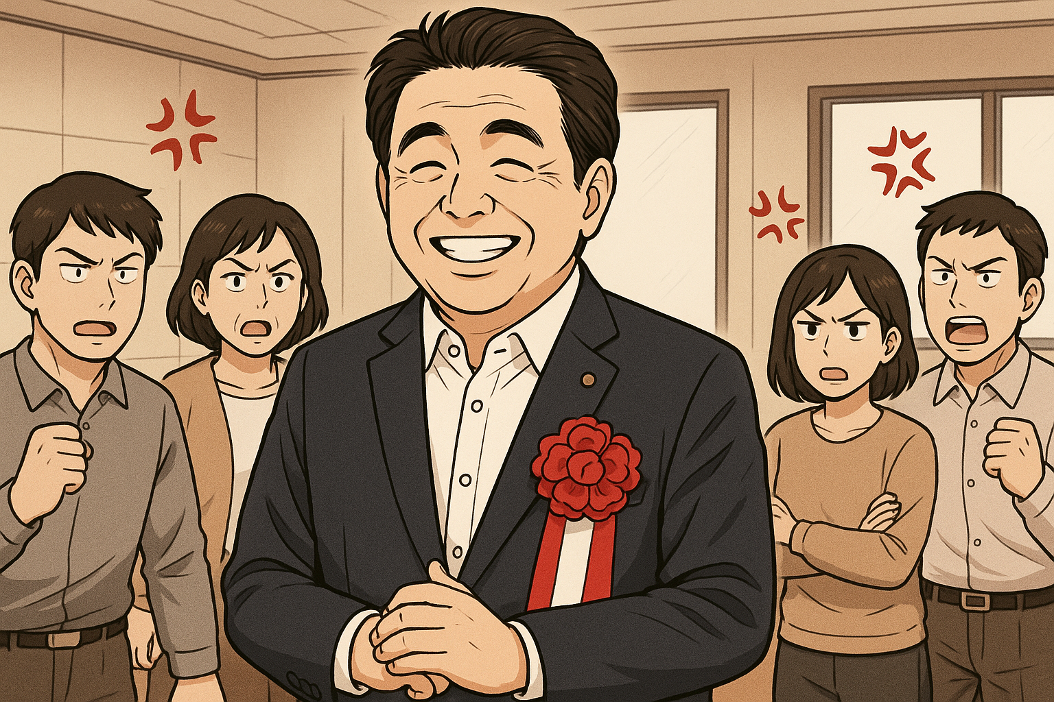 男性の周りの人が怒っている